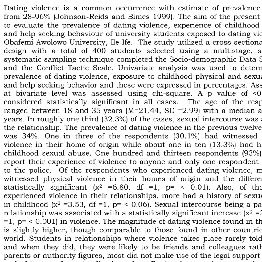 Experience of Childhood Violence and Help-Seeking Behaviour of Students Exposed to Dating Violence at the Obafemi Awolowo University, Ile-Ife.