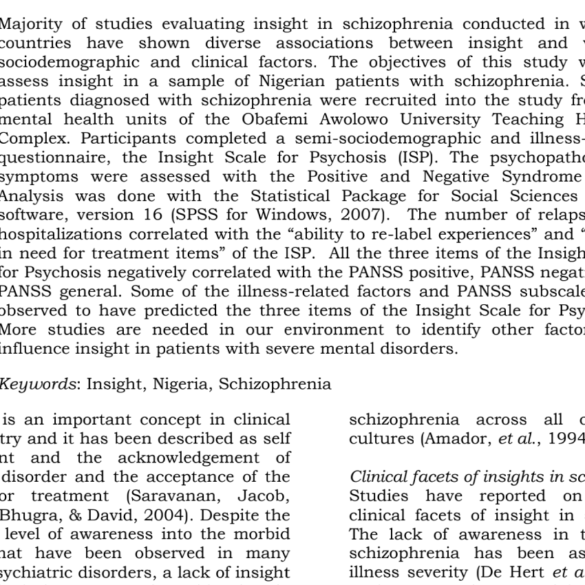 Insight into illness in a sample of Nigerian Patients with Schizophrenia: Sociodemographic and clinical correlates.