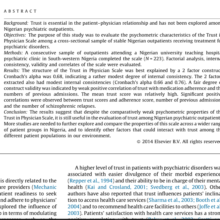 Trust in Physician Scale: Factor structure, reliability, validity and correlates of trust in a sample of Nigerian psychiatric outpatients.