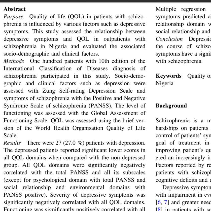 Relationship between depressive symptoms and quality of life in Nigerian patients with schizophrenia.