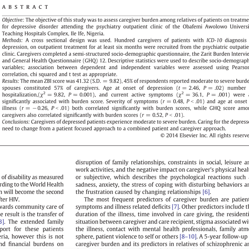 Caregiver burden in families of patients with depression attending Obafemi Awolowo University teaching hospitals complex Ile-Ife Nigeria.