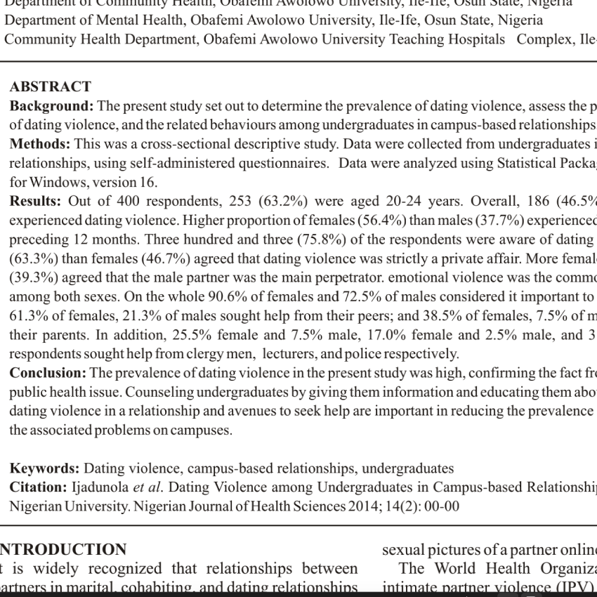 Dating Violence among Undergraduates in Campus-based Relationships in a South Western Nigerian University.