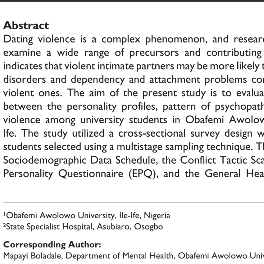 Personality Profiles and Psychopathology Among Students Exposed to Dating Violence at the Obafemi Awolowo University, Ile-Ife.