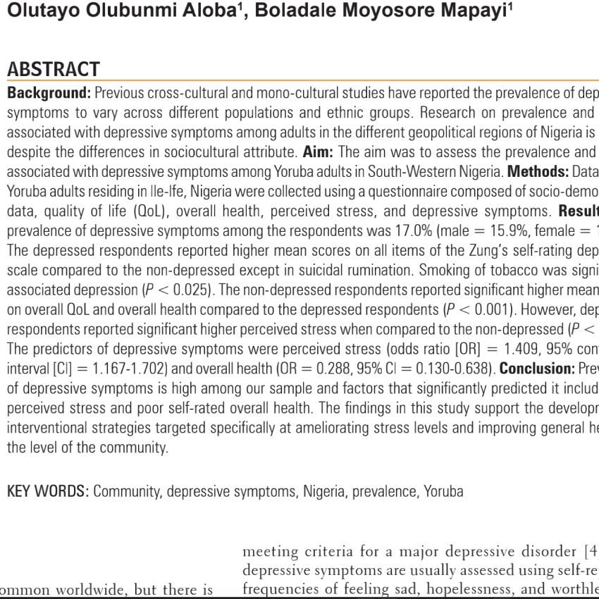 Prevalence and factors associated with depressive symptoms among Yoruba adults in a semi-urban community in South-Western Nigeria.