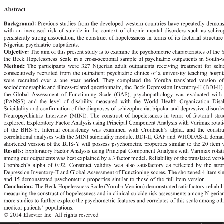 The Yoruba version of the Beck Hopelessness Scale: psychometric characteristics and correlates of hopelessness in a sample of Nigerian psychiatric outpatients.