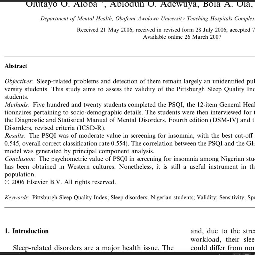 Validity of the Pittsburgh Sleep Quality Index (PSQI) among Nigerian university students