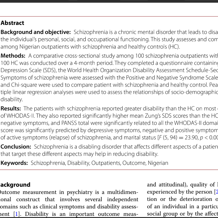 Disability assessment as an outcome measure: a comparative study of Nigerian outpatients with schizophrenia and healthy control.