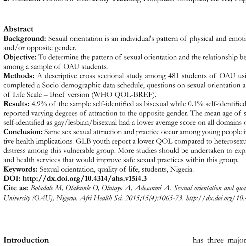 Sexual orientation and quality of life among students of Obafemi Awolowo University (OAU), Nigeria.