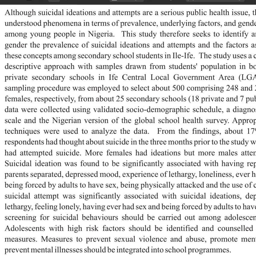 GENDER DIFFERENCES IN SUICIDAL IDEATIONS AND ATTEMPTS AMONG SECONDARY SCHOOL STUDENTS IN ILE-IFE, NIGERIA.