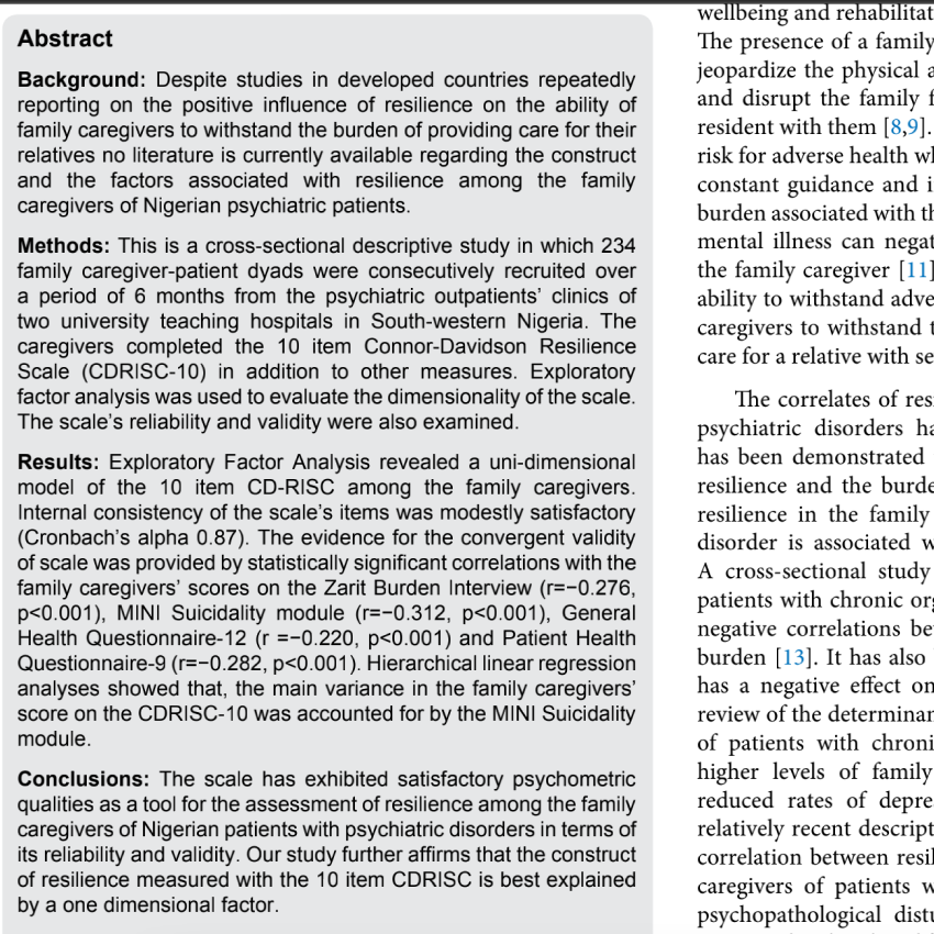 Exploration of the Psychometric Properties and Correlates of the 10 item Connor-Davidson Resilience Scale among Family Caregivers of Nigerian Patients with Psychiatric Disorder.