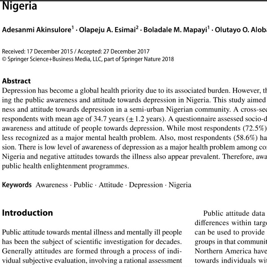 Public Awareness and Attitude Towards Depression: A Community Based Study Among an Adult Population in Ile-Ife South-Western Nigeria.