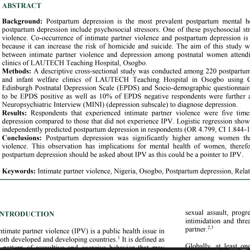 The relationship between intimate partner violence and postpartum depression in Osogbo, Nigeria.