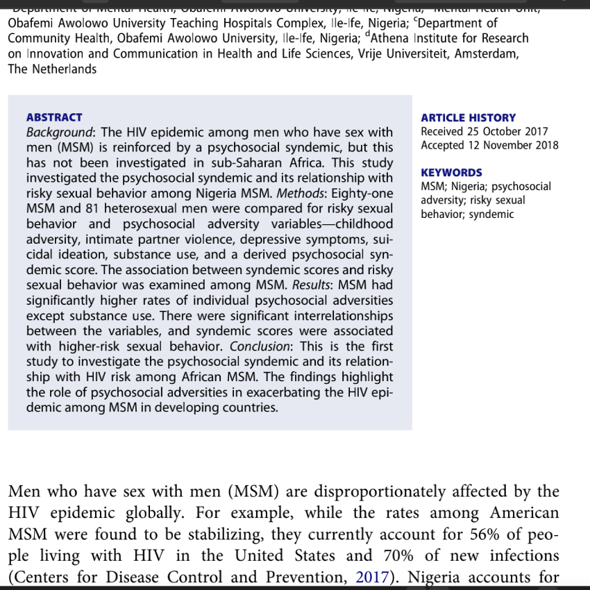 Association between risky sexual behavior and a psychosocial syndemic among Nigerian men who have sex with men.