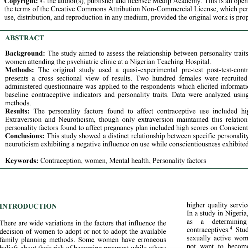 Relationship between personality traits and reproductive choices among women attending the psychiatric clinic of a Nigerian Teaching Hospital.