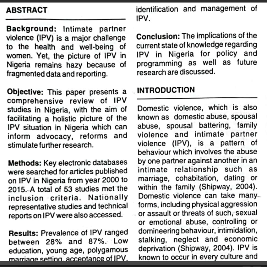 Intimate Partner Violence in Nigeria: A review of prevalence, associated factors and policy response.