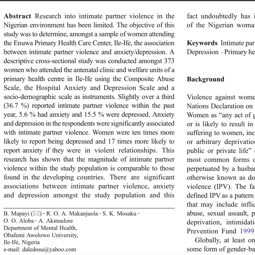 Impact of intimate partner violence on anxiety and depression amongst women in Ile-Ife, Nigeria