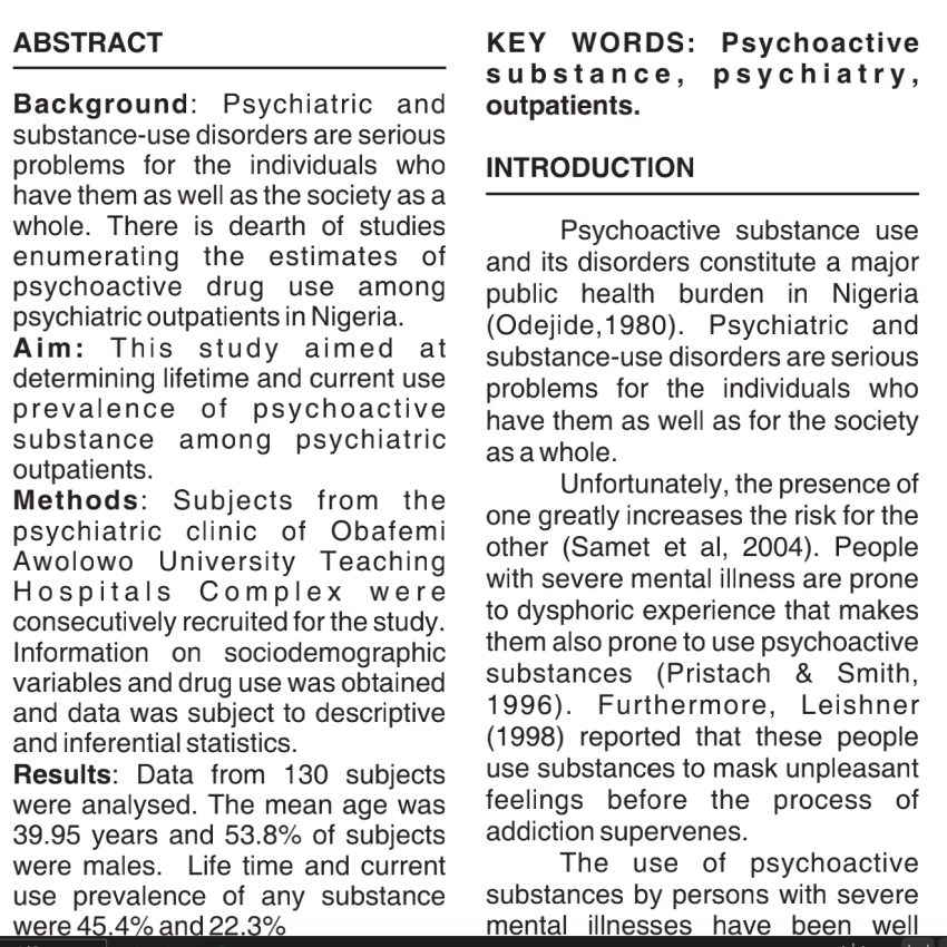 Psychoactive Substance Use Among Psychiatric Outpatients In a Nigerian Teaching Hospital