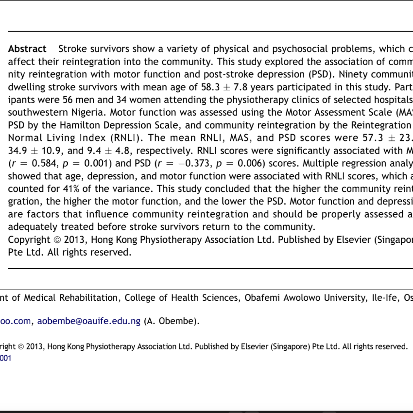 Community reintegration in stroke survivors: Relationship with motor function and depression.