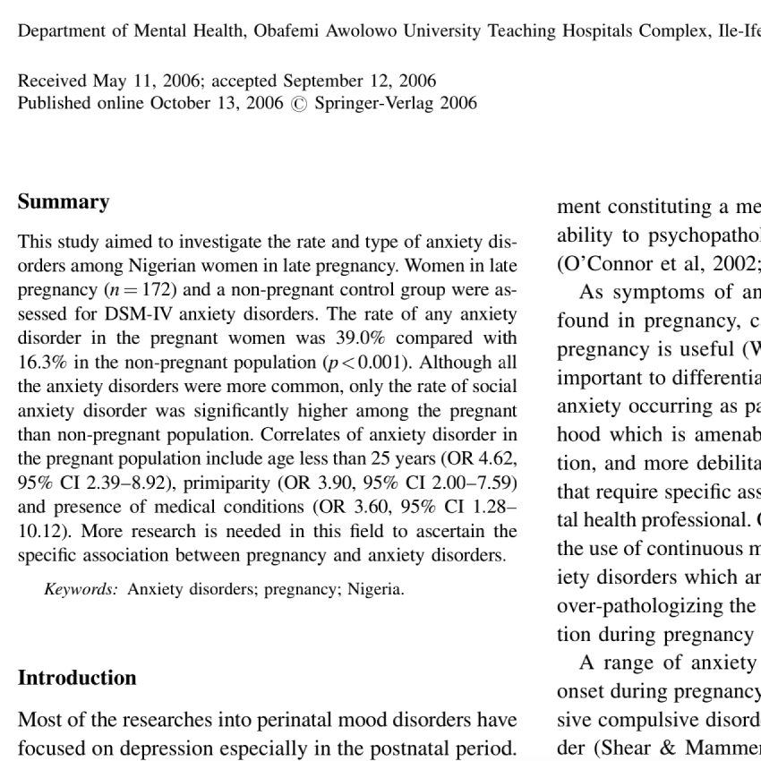 Anxiety disorders among Nigerian women in late pregnancy: a controlled study