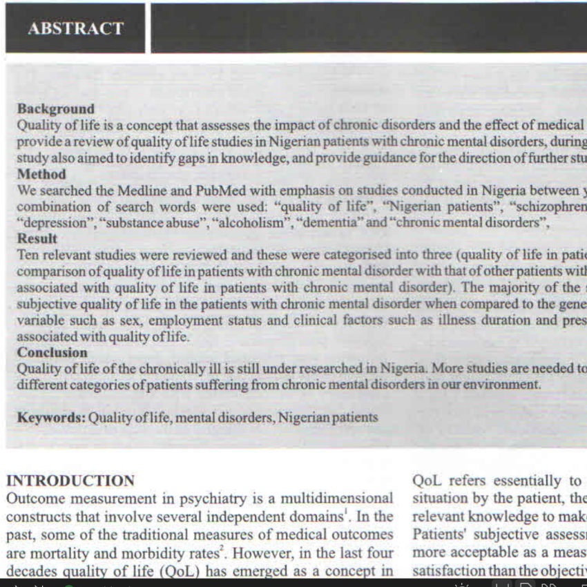 Quality of Life in Chronic Mental Disorders: A review of studies in Nigeria.