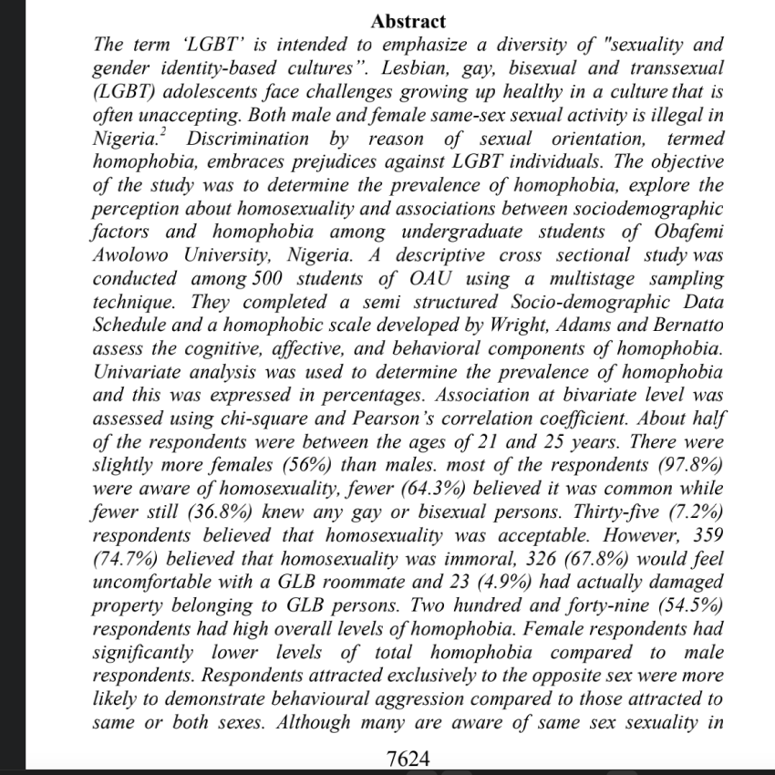 Homophobia and Perceptions about Homosexuality among Students of a Tertiary Institution in Nigeria