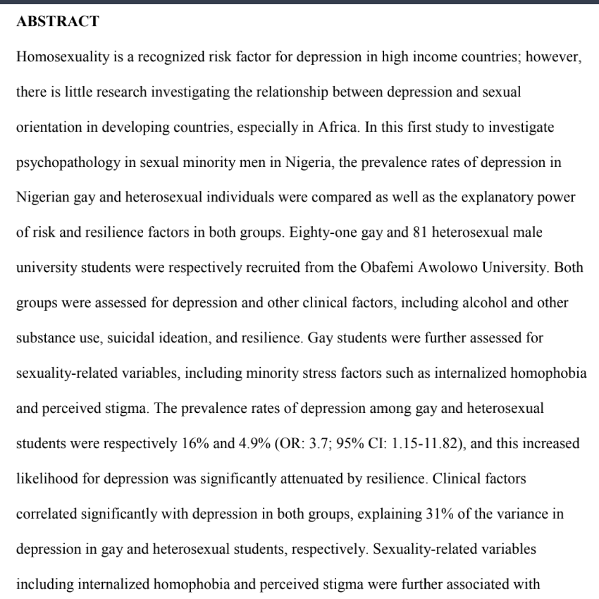 Depression and Associated Factors Among Gay and Heterosexual Male University Students in Nigeria.