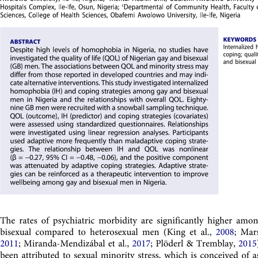 Internalized homophobia, coping, and quality of life among Nigerian gay and bisexual men.