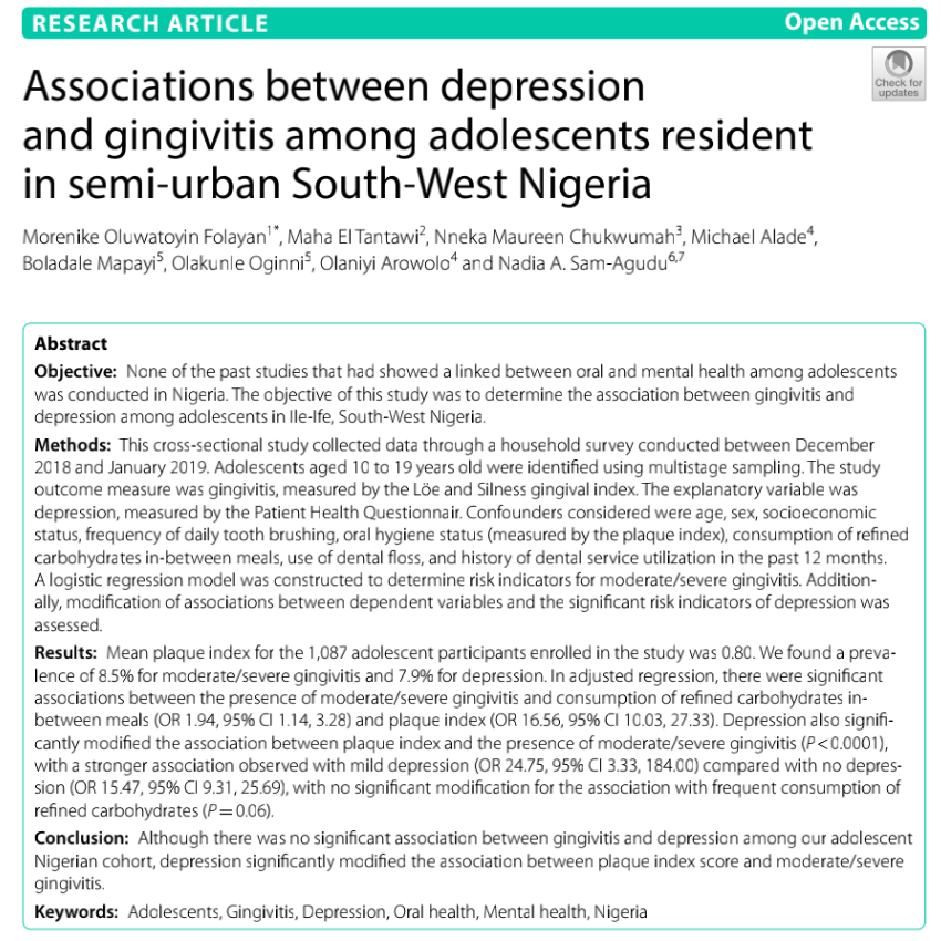 Associations between Depression and Gingivitis among Adolescents Resident in Semi-Urban South-West Nigeria.