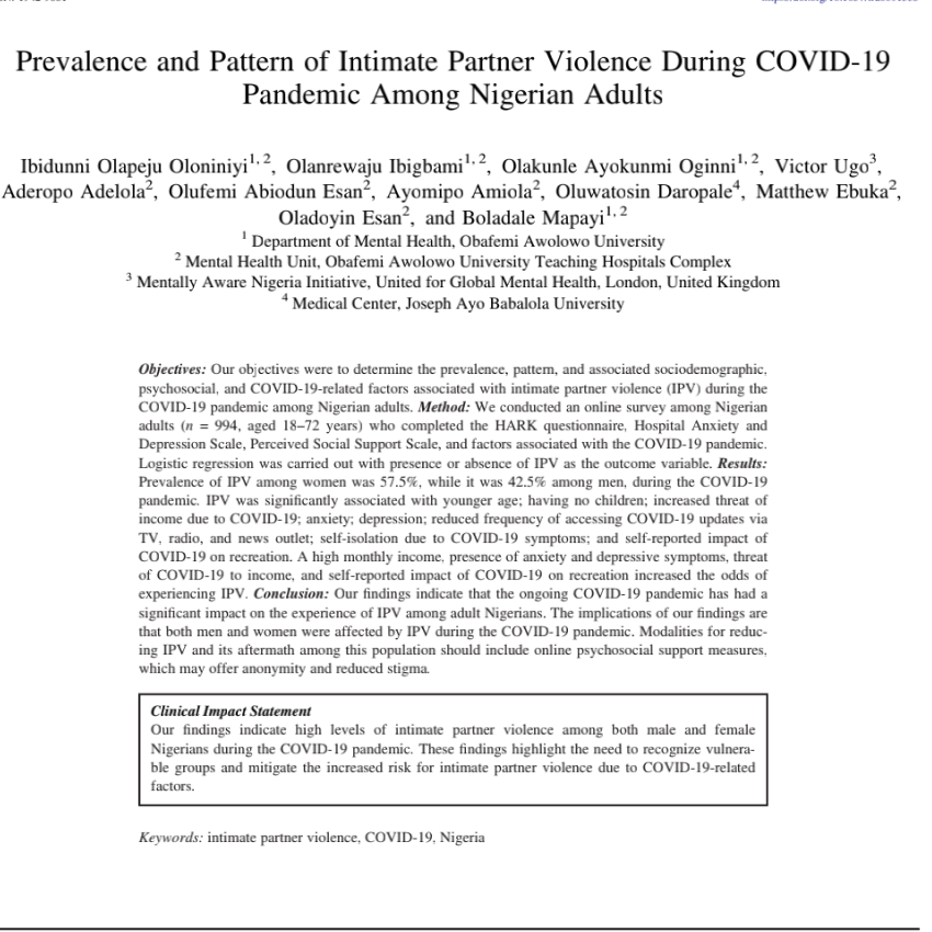 Prevalence and Pattern of Intimate Partner Violence During COVID-19 Pandemic Among Nigerian Adults.