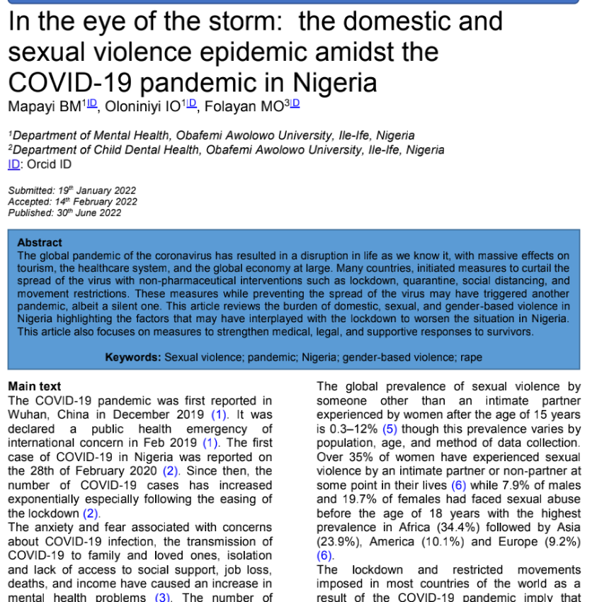 In the eye of the storm: the domestic and sexual violence epidemic amidst the COVID-19 pandemic in Nigeria.