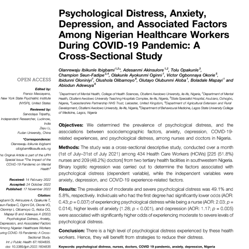 Psychological Distress, Anxiety, Depression, and Associated Factors Among Nigerian Healthcare Workers During COVID-19 Pandemic: A Cross-Sectional Study.