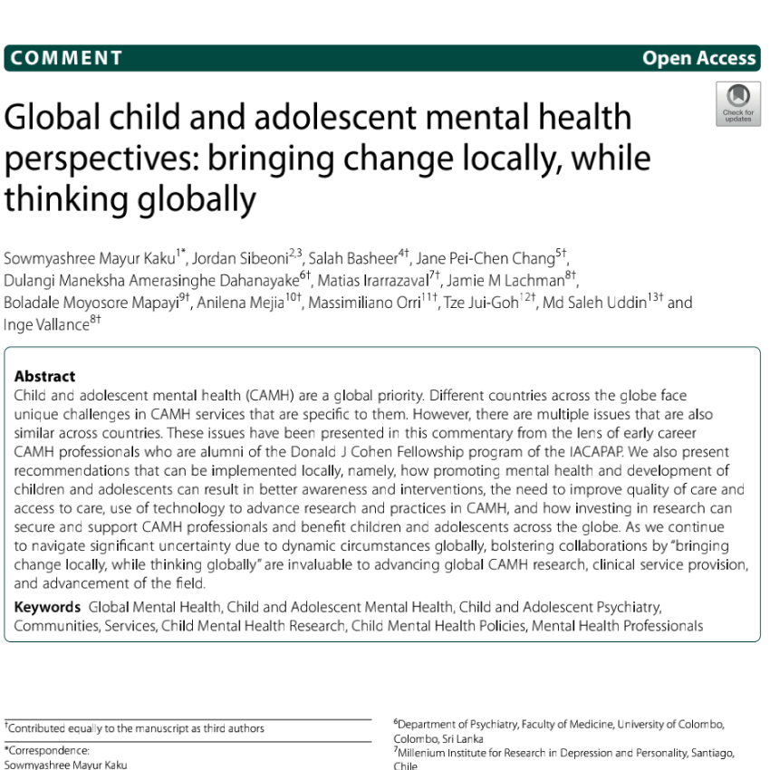 Global child and adolescent mental health perspectives: bringing change locally, while thinking globally.