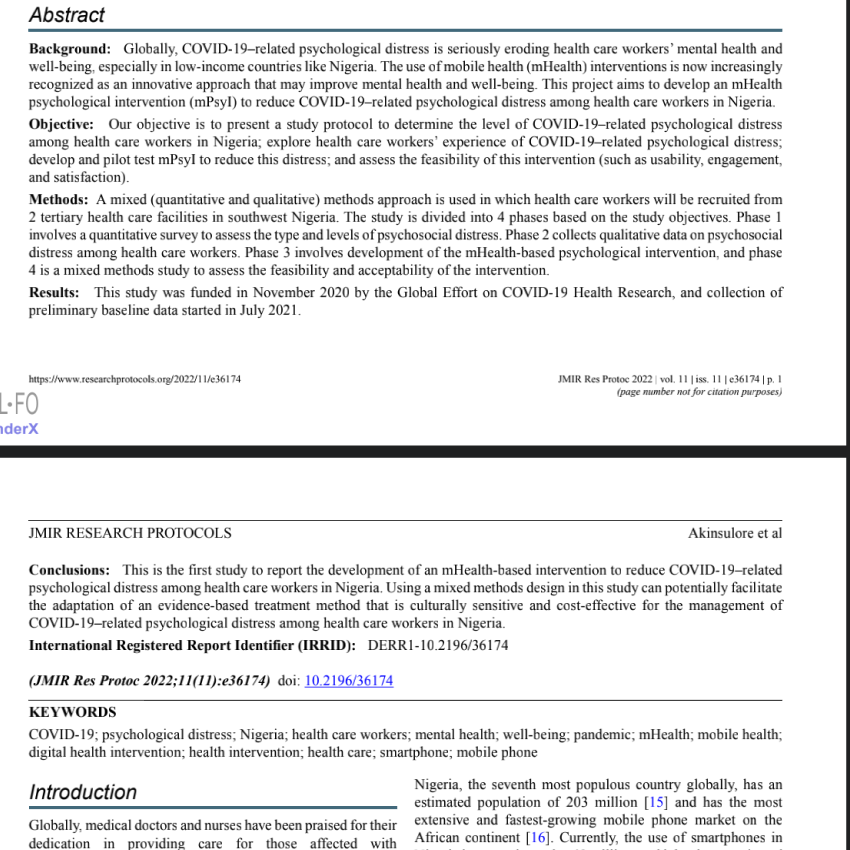 Developing an mHealth Intervention to Reduce COVID-19–Associated Psychological Distress Among Health Care Workers in Nigeria: Protocol for a Design and Feasibility Study.