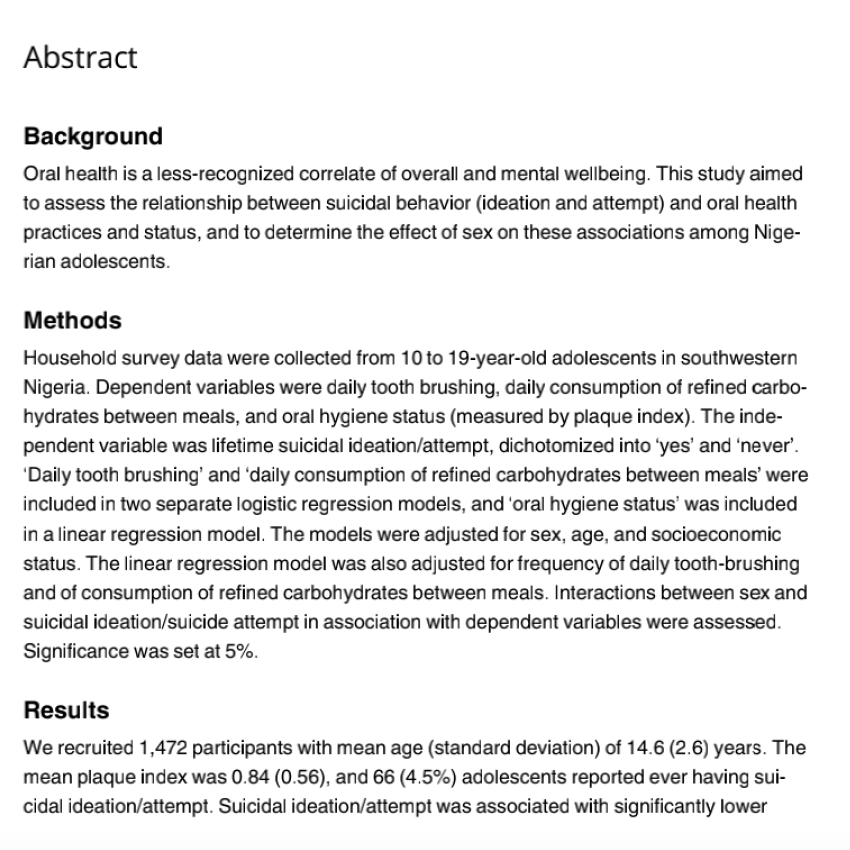 Oral health practices and oral hygiene status as indicators of suicidal ideation among Nigerian adolescents.