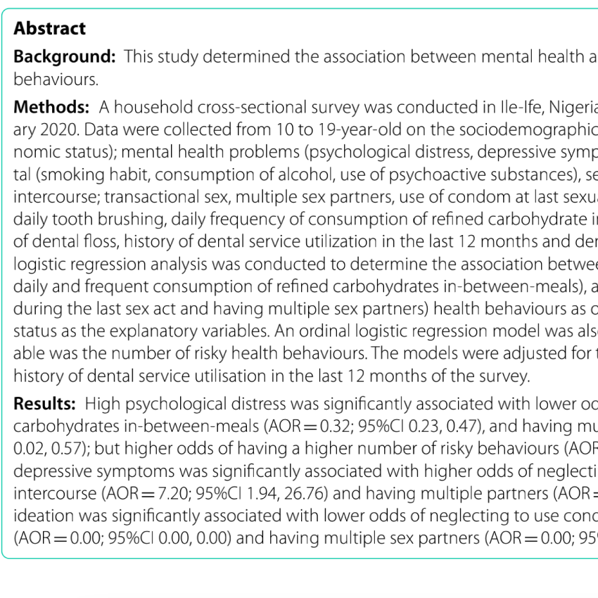 Associations between mental health problems and risky oral and sexual behaviour in adolescents in a sub-urban community in Southwest Nigeria.