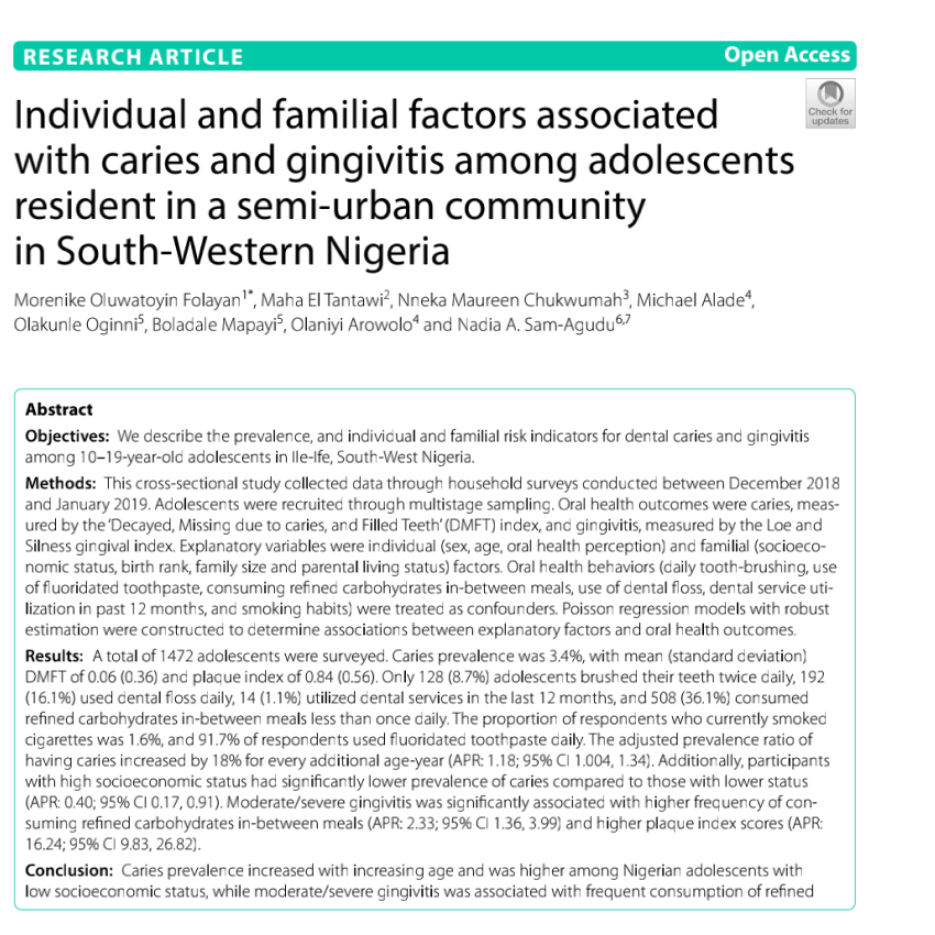 Individual and Familial Factors Associated with Caries and Gingivitis among Adolescents Resident in Semi-Urban Nigeria.