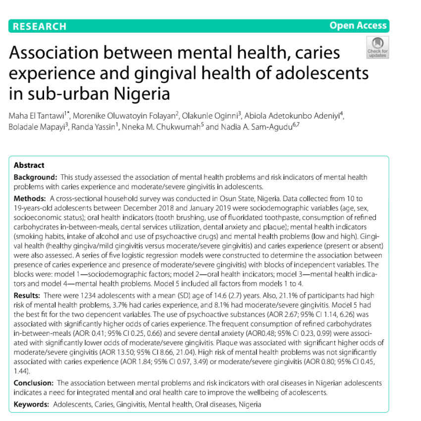 Association between mental health, caries experience and gingival health of adolescents in sub-urban Nigeria.