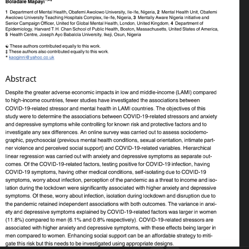 Depressive and anxiety symptoms and COVID-19-related factors among men and women in Nigeria.