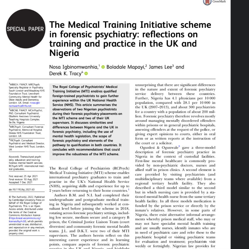 The Medical Training Initiative scheme in forensic psychiatry: reflections on training and practice in the UK and Nigeria.