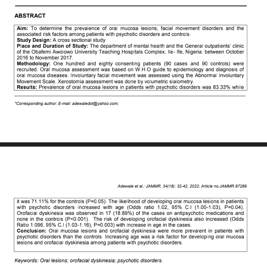 Prevalence and Associated Risk Factors of Oral Mucosal Lesions and Orofacial Dyskinesia in Patients with Psychotic Disorders.