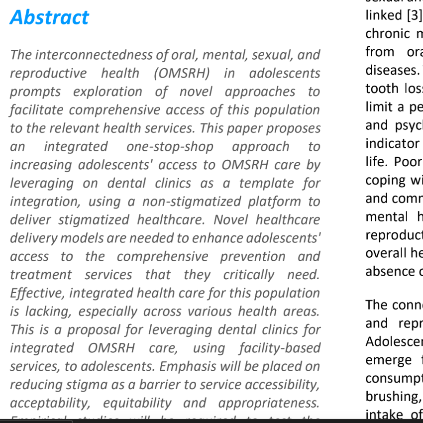 A proposed one-stop-shop approach for the delivery of integrated oral, mental, sexual and reproductive healthcare to adolescents in Nigeria.