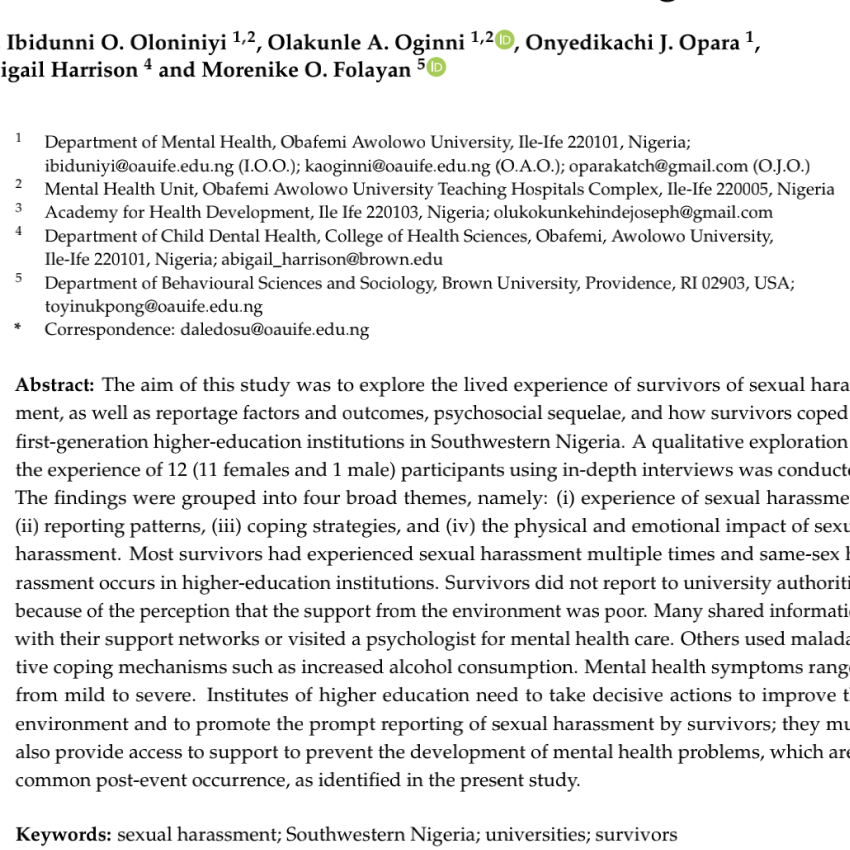 Stifled Screams: Experiences of Survivors of Sexual Harassment in First-Generation Universities in Southwestern Nigeria