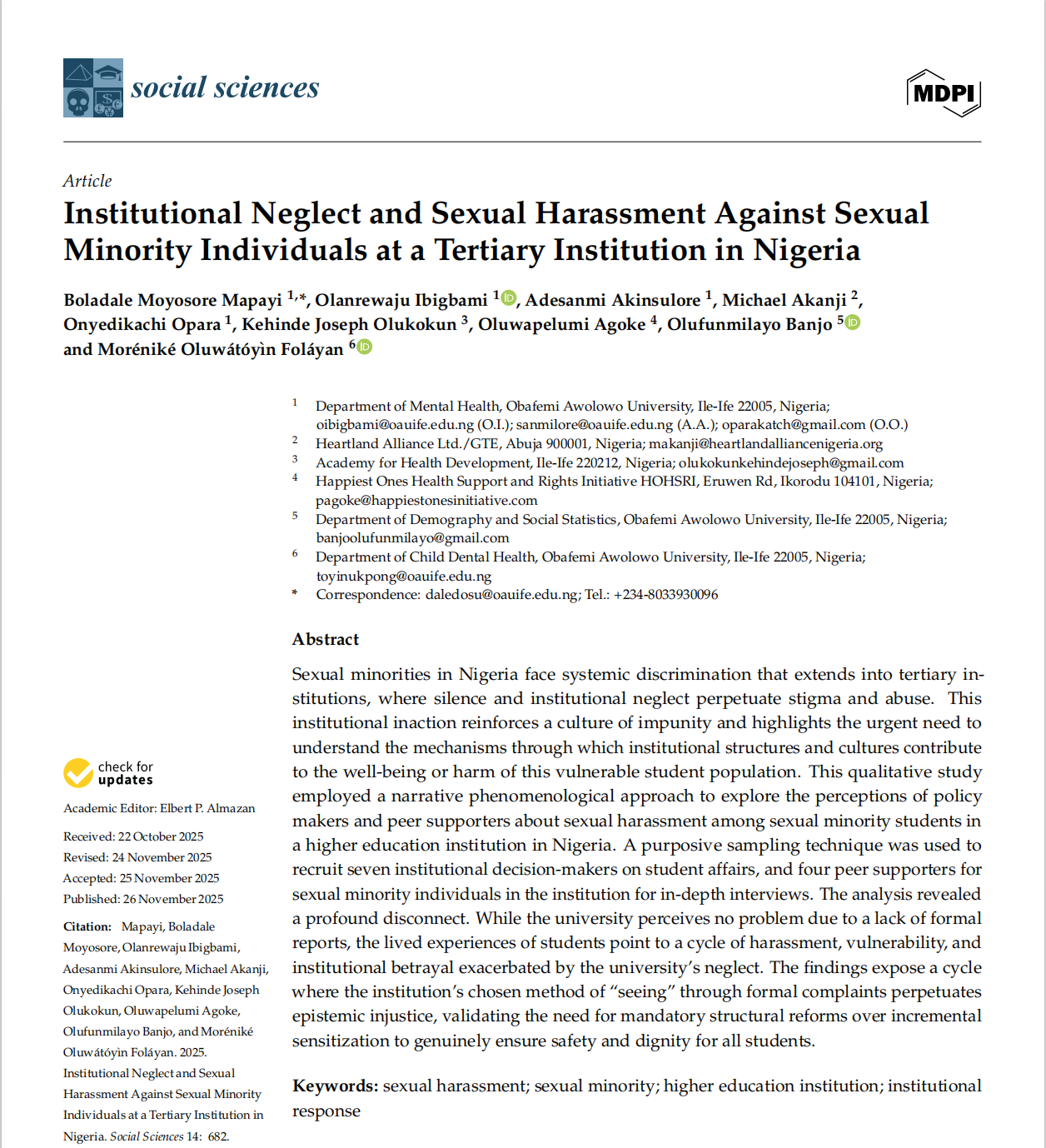 Institutional Neglect and Sexual Harassment Against {Sexual Minority} Individuals at a Tertiary Institution in Nigeria