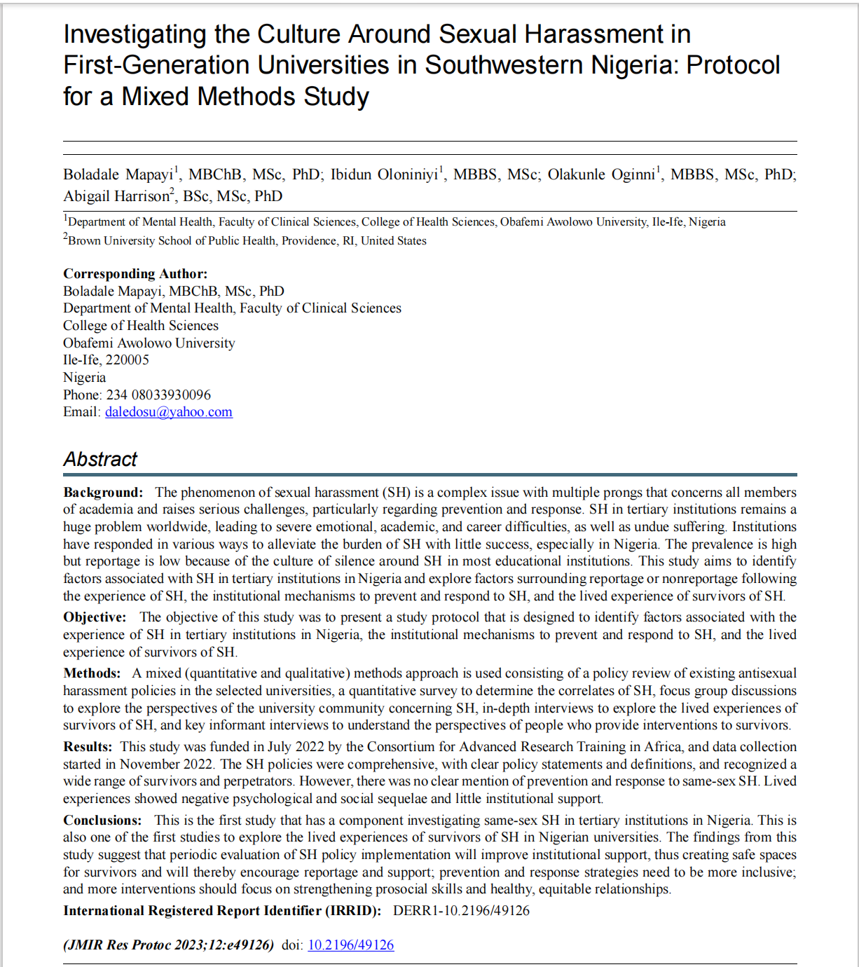Investigating the Culture Around {Sexual Harassment} in First-Generation Universities in Southwestern Nigeria: Protocol for a Mixed Methods Study