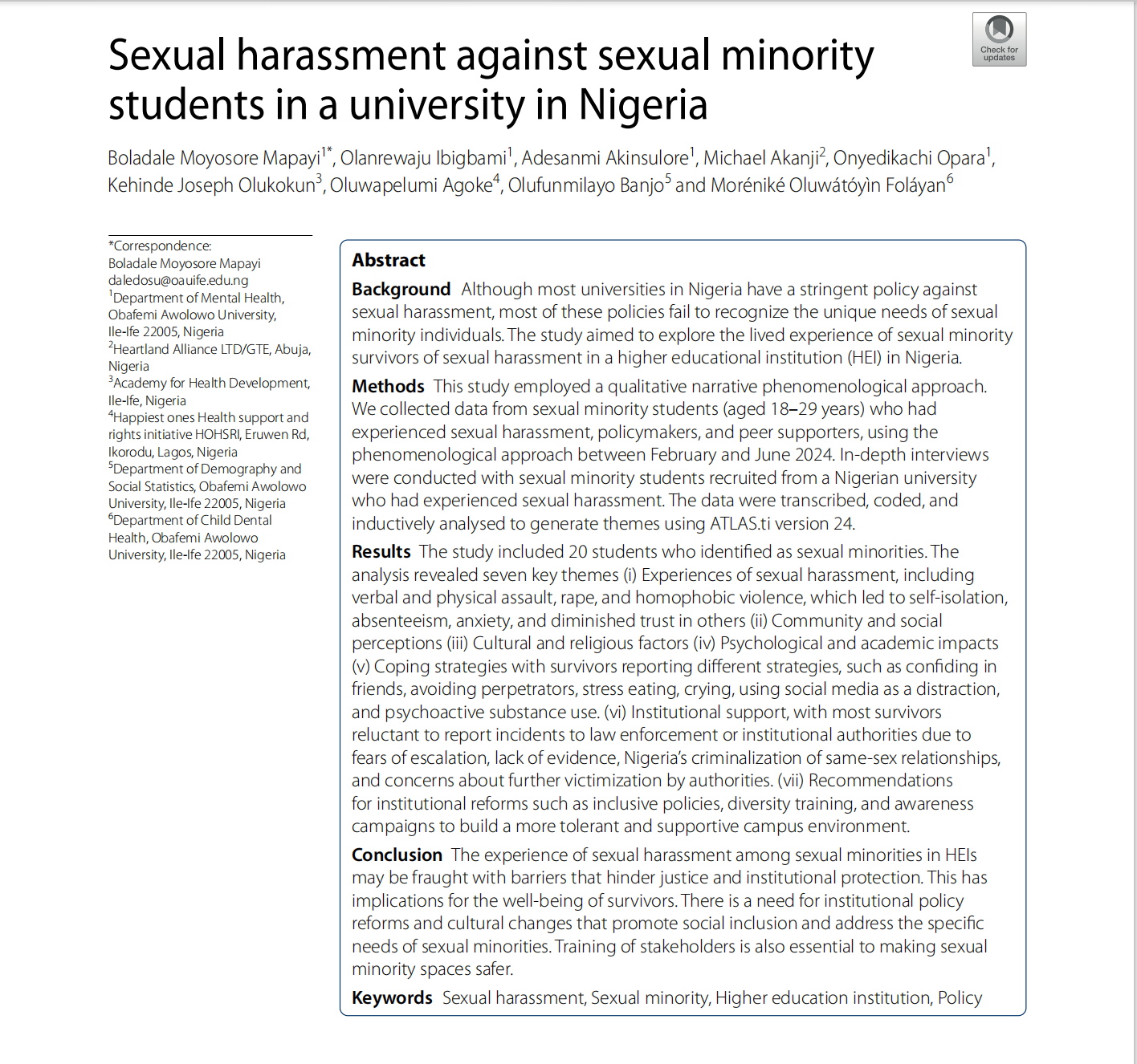 Sexual harassment against {sexual minority} students in a university in Nigeria
